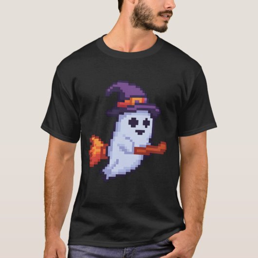 Pixel-Geist auf Besen – Halloween Retro Design T-shirt (Voorkant)
