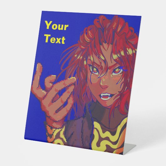 Pixel girl changing, pixelart reclamebord met voetstuk (Voorkant)