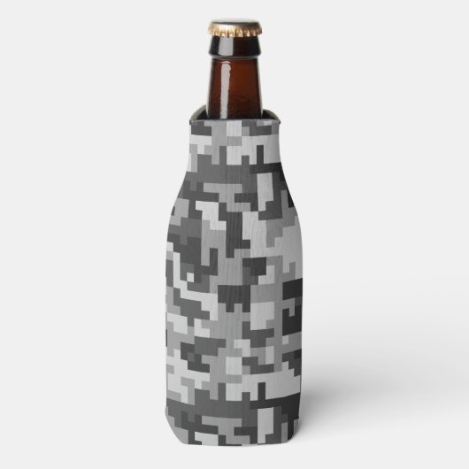 Pixel Grijs en Zwart Legerpatroon Flesjeskoeler (Fles Voorkant)
