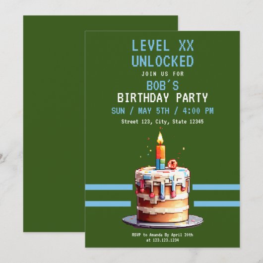 Pixel Groene & Blauwe Cake Gaming Verjaardag Kaart (Voorkant / Achterkant)