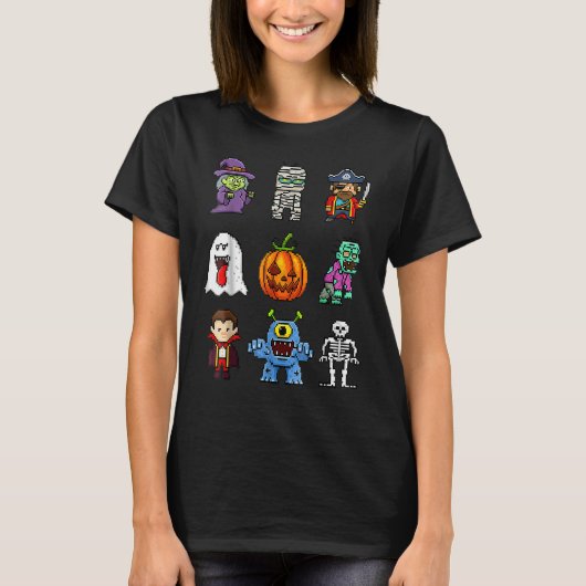 Pixel Halloween Witch Pumpkin Boo Pirate Skeleton  T-shirt (Voorkant)