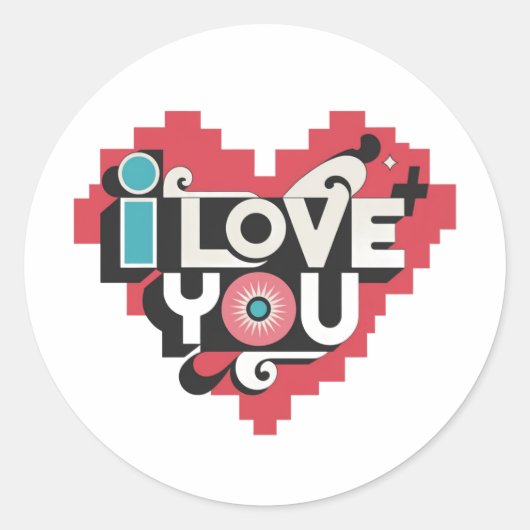 Pixel Hart Ik Hou Van Jou Retro Typografie Ronde Sticker (Voorkant)
