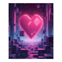 Pixel Heart Neon City — Poster voor futuristische 