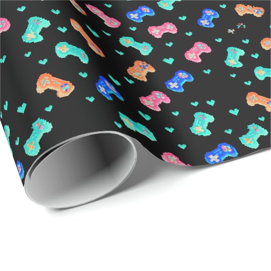 Pixel Hearts & Controllers Wrapping Paper - Omkere Cadeaupapier (Rol Hoek)