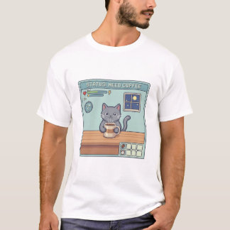Pixel Kat Behoeft Koffie – Retro RPG Game Status T-shirt