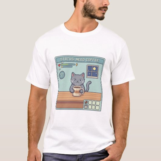 Pixel Kat Behoeft Koffie – Retro RPG Game Status T-shirt (Voorkant)