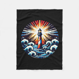 Pixel Lighthouse - Ocean Waves & Coastal Beacon Fleece Deken