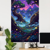 Pixel magisch bos met knipperende vuurvliegjes poster (Thuiskantoor)