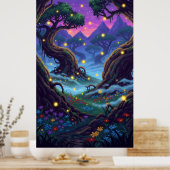 Pixel magisch bos met knipperende vuurvliegjes poster (Keuken)