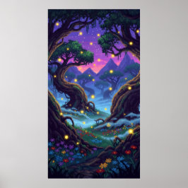 Pixel magisch bos met knipperende vuurvliegjes poster