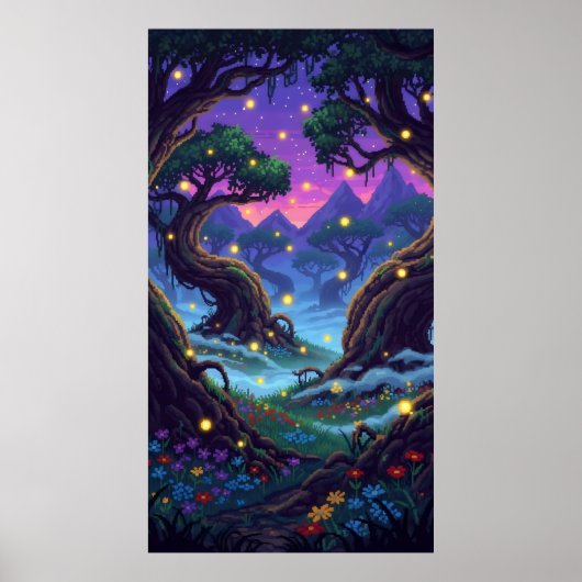 Pixel magisch bos met knipperende vuurvliegjes poster (Voorkant)