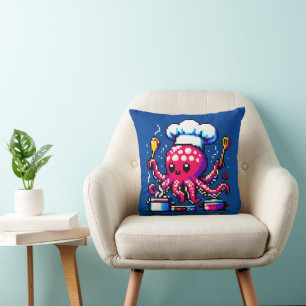 Pixel Octopus Chef Grappig Koken & Vis en zeevruch Kussen
