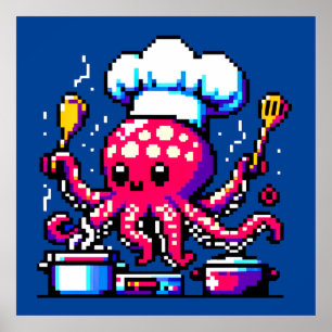 Pixel Octopus Chef Grappig Koken & Vis en zeevruch Poster