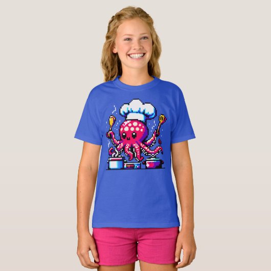 Pixel Octopus Chef Grappig Koken & Vis en zeevruch T-shirt (Voorkant volledig)