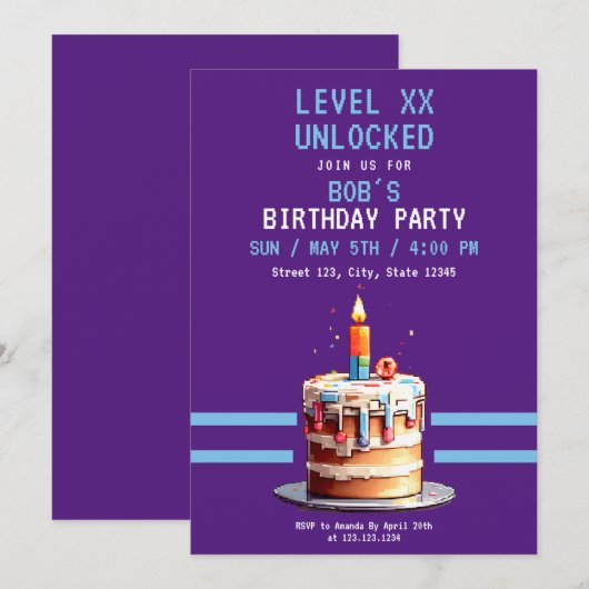 Pixel Paarse & Blauwe Cake Gaming Verjaardag Kaart (Voorkant / Achterkant)