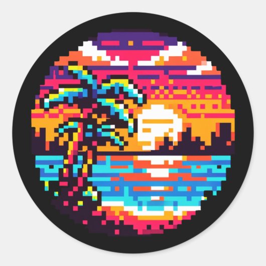 Pixel Paradise: 8-bit Tropical Sunset Retro Natuur Ronde Sticker (Voorkant)