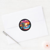 Pixel Paradise: 8-bit Tropical Sunset Retro Natuur Ronde Sticker (Envelop)