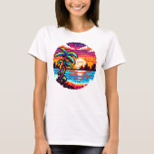 Pixel Paradise: 8-bit Tropical Sunset Retro Natuur T-shirt (Voorkant)