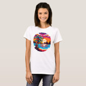 Pixel Paradise: 8-bit Tropical Sunset Retro Natuur T-shirt (Voorkant volledig)