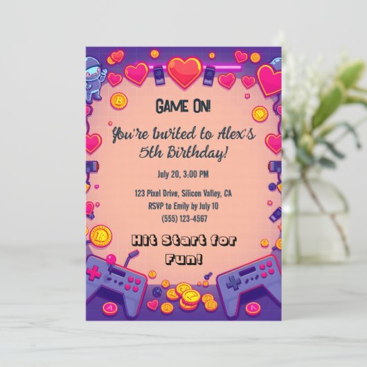 Pixel Party Verjaardagsuitnodiging Retro Gamer The Kaart (Staand voorkant)
