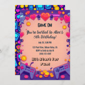 Pixel Party Verjaardagsuitnodiging Retro Gamer The Kaart (Voorkant / Achterkant)