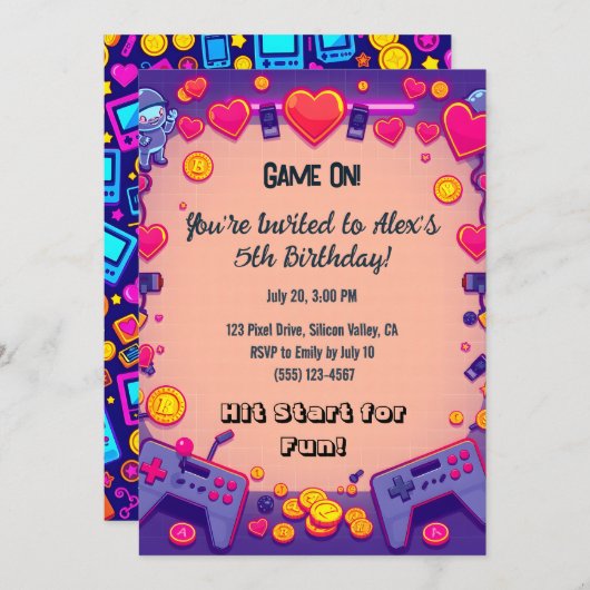 Pixel Party Verjaardagsuitnodiging Retro Gamer The Kaart (Voorkant / Achterkant)