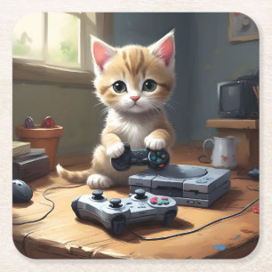 Pixel Paws: het gamer kitten in actie Kartonnen Onderzetters