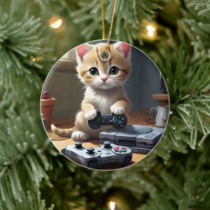 Pixel Paws: het gamer kitten in actie Keramisch Ornament