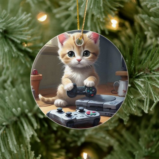 Pixel Paws: het gamer kitten in actie Keramisch Ornament (Boom)