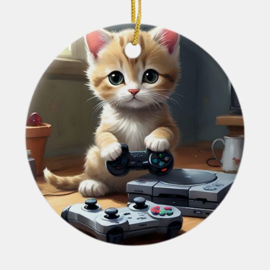Pixel Paws: het gamer kitten in actie Keramisch Ornament (Voorkant)