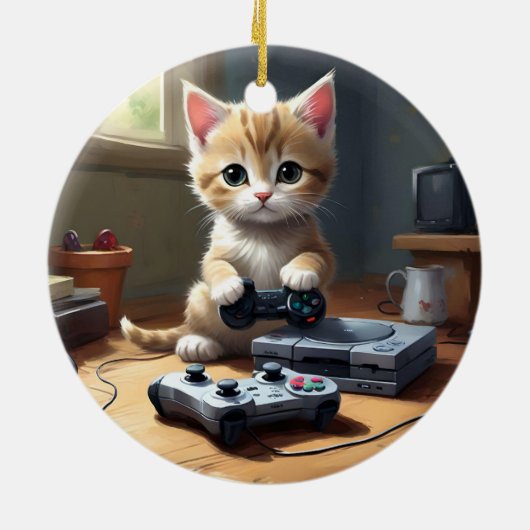 Pixel Paws: het gamer kitten in actie Keramisch Ornament (Achterkant)