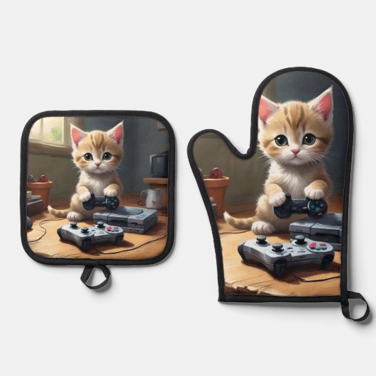 Pixel Paws: het gamer kitten in actie Ovenwant & Pannenlap Set (Voorkant)