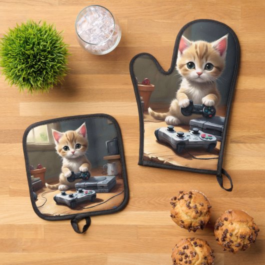 Pixel Paws: het gamer kitten in actie Ovenwant & Pannenlap Set (Top down)