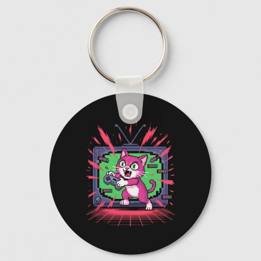 Pixel Rage Kat Retro Gamer Storing In 8-bit Stijl  Sleutelhanger (Voorkant)