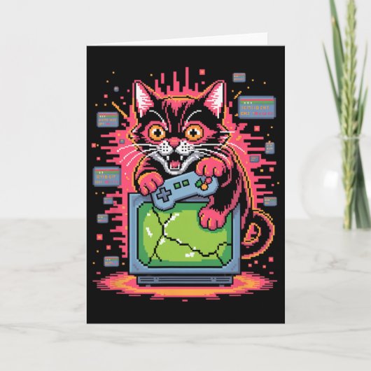 Pixel Razernij Kat Retro Gamer Storing In 8-bit St Kaart (Voorkant)