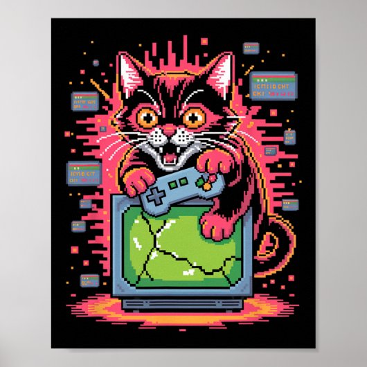 Pixel Razernij Kat Retro Gamer Storing In 8-bit St Poster (Voorkant)