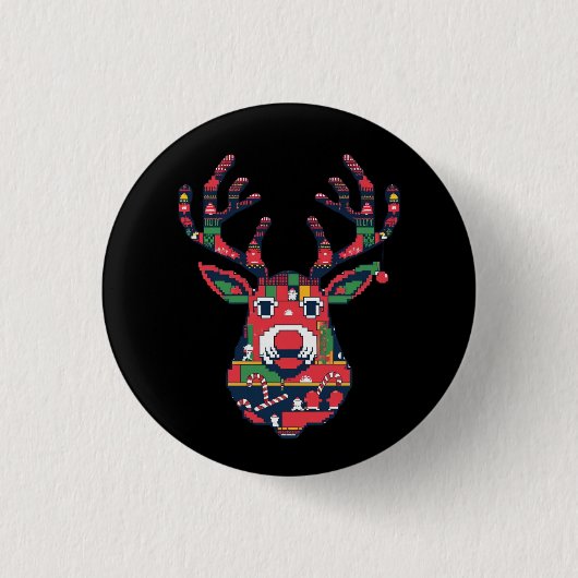 Pixel Reindeer Retro Ugly Sweater Button (Voorkant)