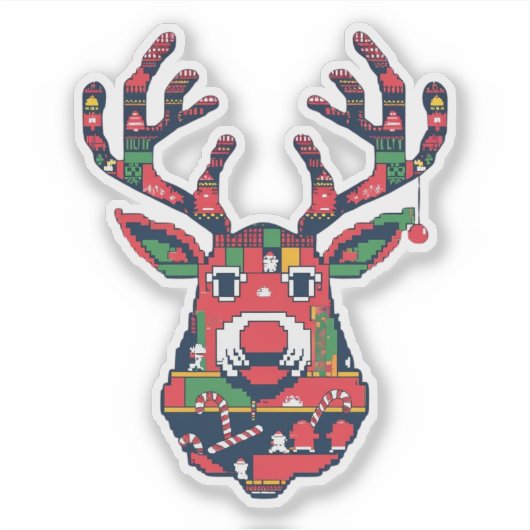 Pixel Reindeer Retro Ugly Sweater Sticker (Voorkant)