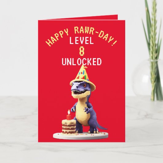 Pixel Rood en Geel Gaming Trex Verjaardag Kaart (Voorkant)