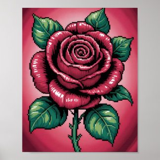 Pixel Roos – Retro Bloemkunst Poster