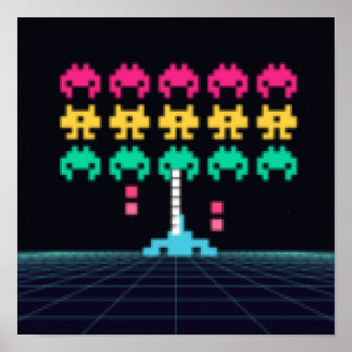 Pixel Space Shooter - Retro Arcade Kunst aan de Wa Poster