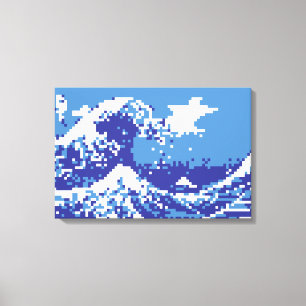 Pixel Tsunami Blauw 8 Bit Pixel Art Canvas Afdruk