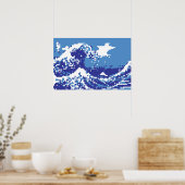 Pixel Tsunami Blauw 8 Bit Pixelkunst Poster (Keuken)