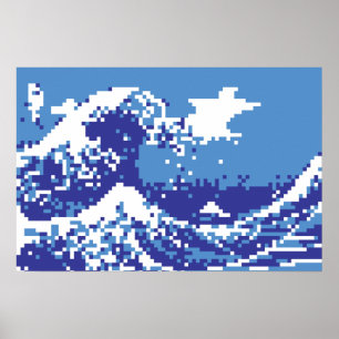 Pixel Tsunami Blauw 8 Bit Pixelkunst Poster