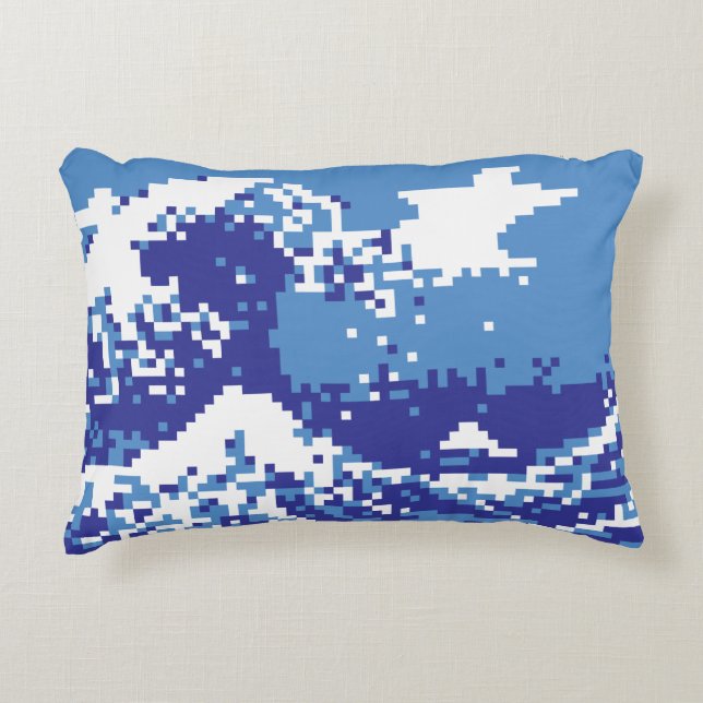 Pixel Tsunami Blue met 8 bits Pixel Art Accent Kussen (Voorkant)