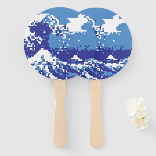 Pixel Tsunami Blue met 8 bits Pixel Art Handwaaier (Voorkant en achterkant)