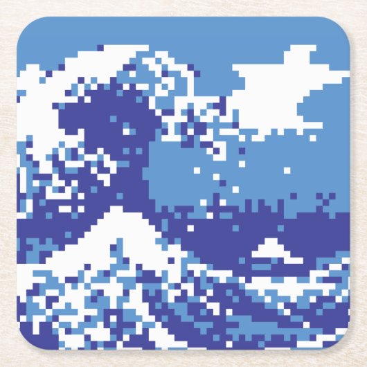 Pixel Tsunami Blue met 8 bits Pixel Art Kartonnen Onderzetters (Voorkant)