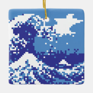 Pixel Tsunami Blue met 8 bits Pixel Art Keramisch Ornament