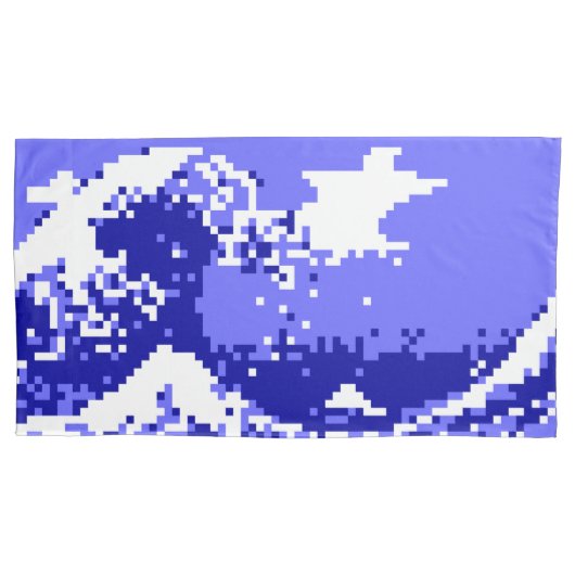 Pixel Tsunami Blue met 8 bits Pixel Art Kussensloop (Voorkant-Links)