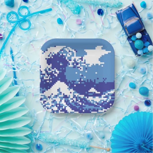 Pixel Tsunami Blue met 8 bits Pixel Art Papieren Bordje (Feest)